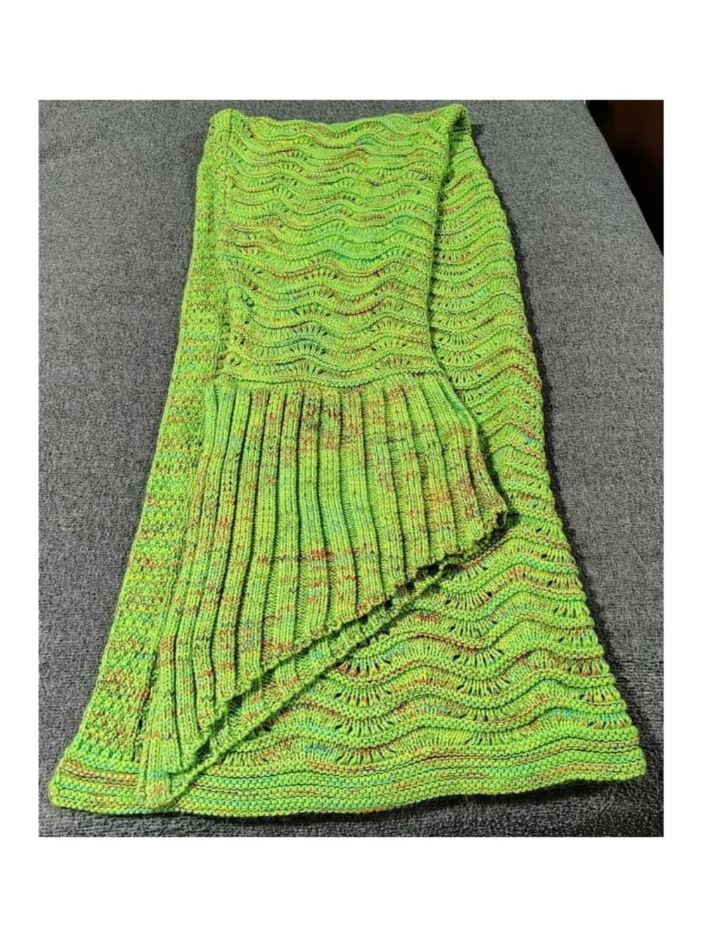 Lime Green Multicolor Knitted Mermaid Tail Blanket Wavy Texture Open Knit Soft